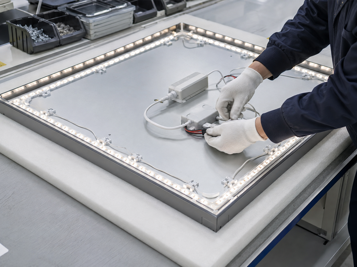 Technician assembling LED strips, driver and wiring on the back of a square mirror