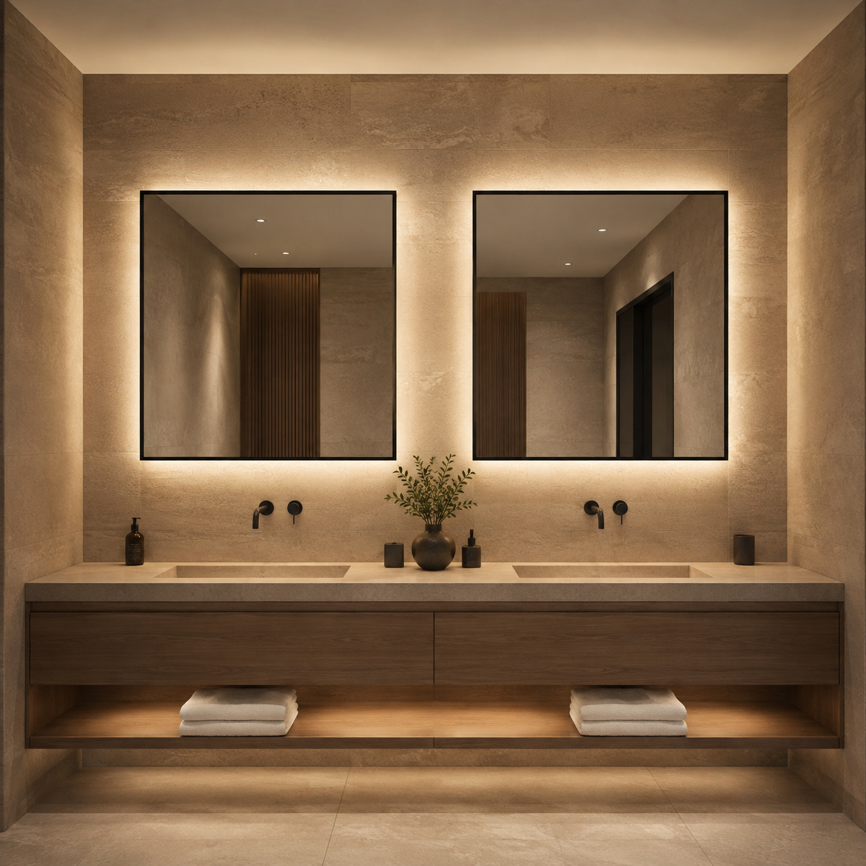 Paired square mirrors above a double vanity
