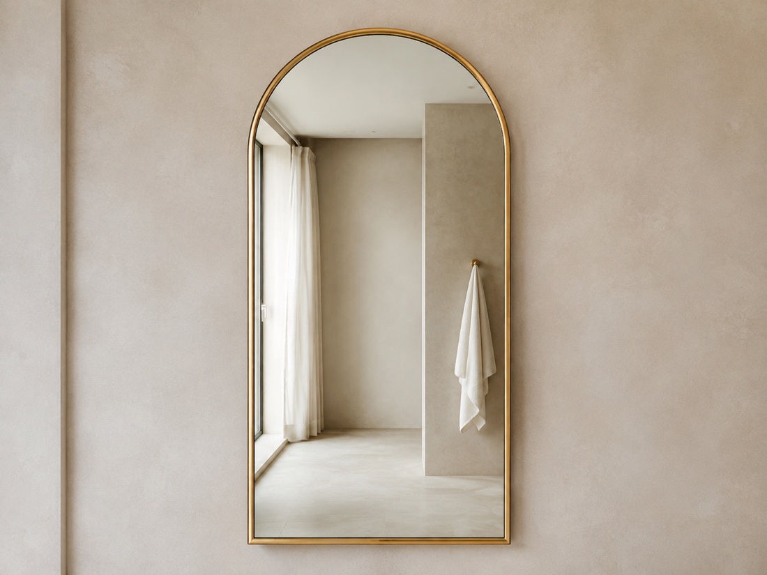 Arched champagne gold PVD stainless steel framed project mirror