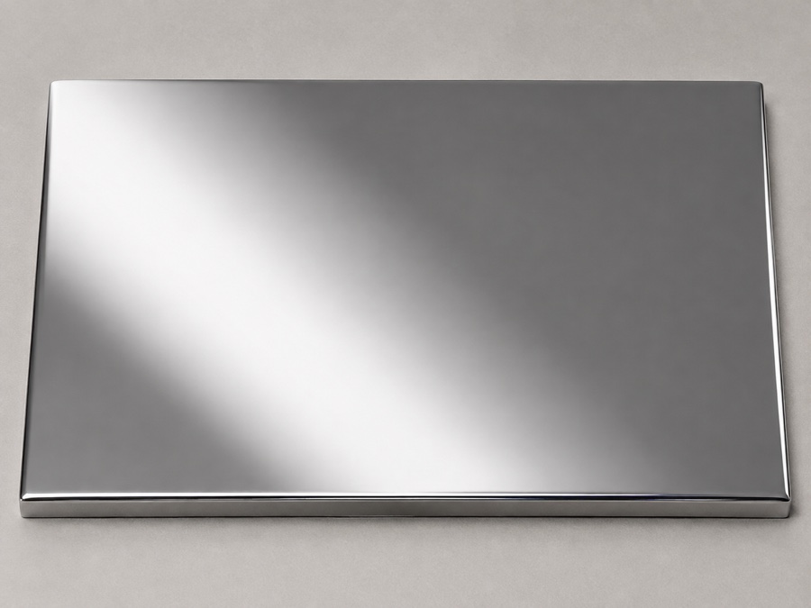Polished stainless steel finish sample with a mirror-like reflective surface