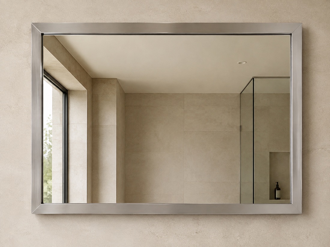 Rectangular brushed stainless steel framed vanity mirror in a hotel bathroom
