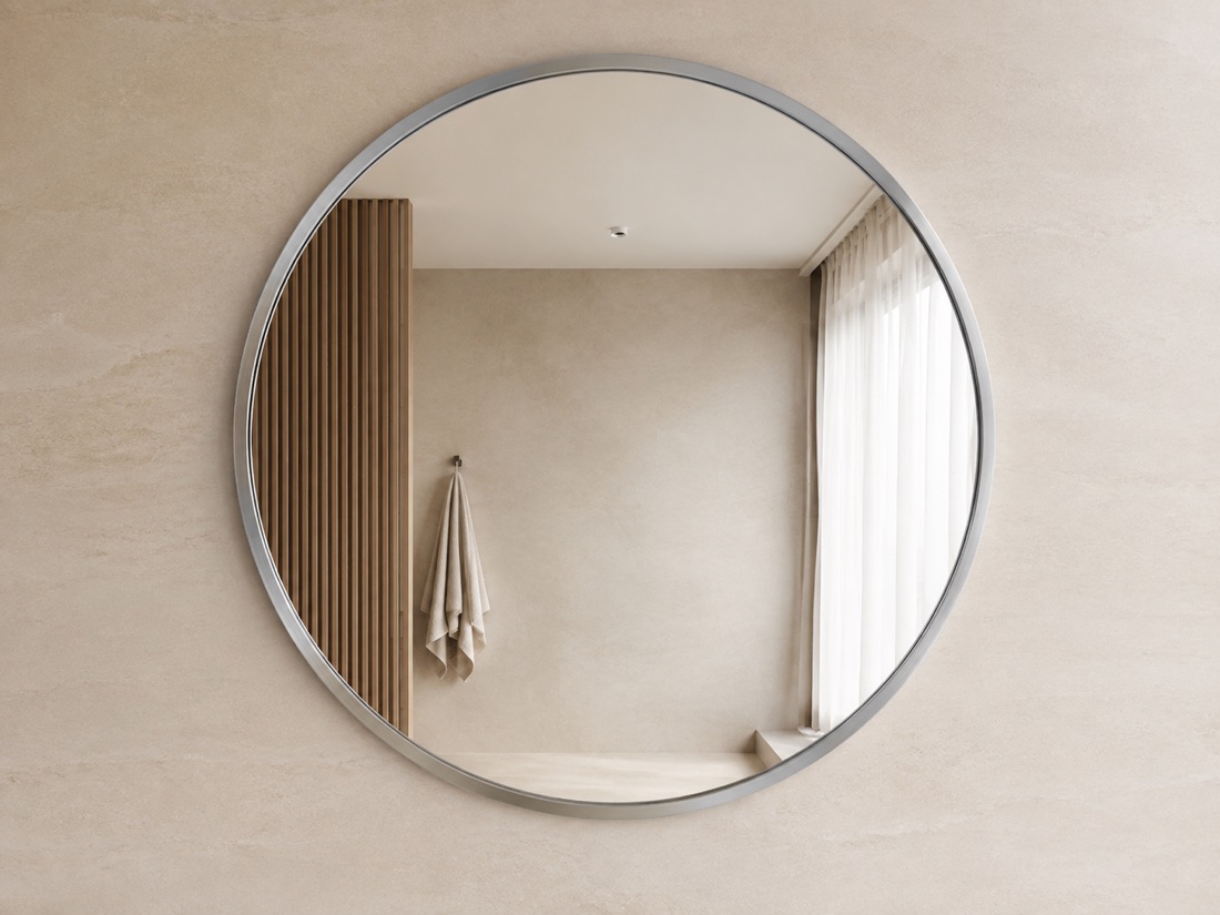 Round brushed stainless steel framed mirror on a warm neutral wall