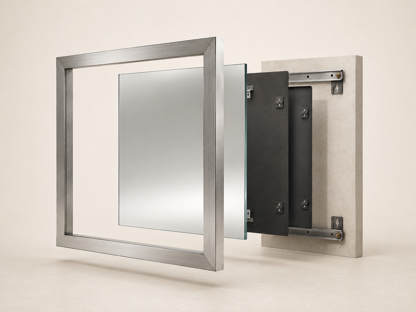 Exploded construction view of a stainless steel framed mirror with glass, backing panel and wall mounting rails