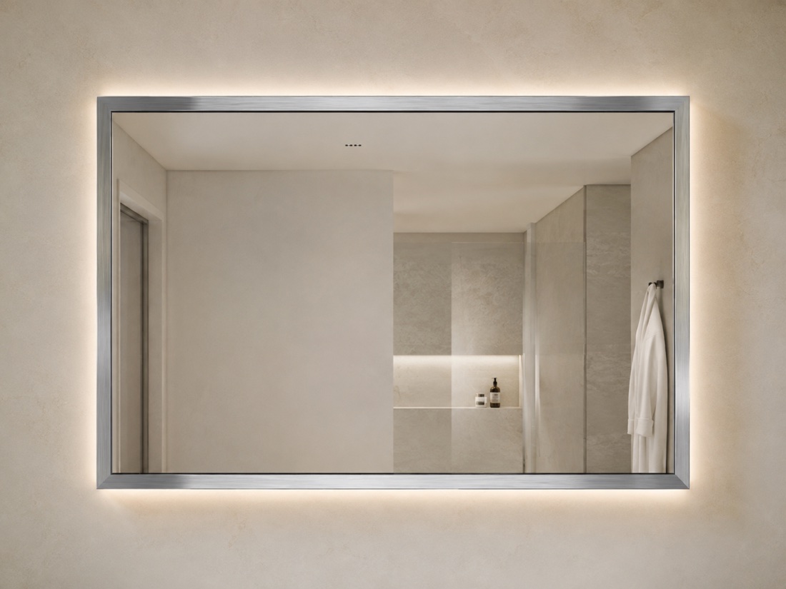 Brushed stainless steel framed LED mirror with warm backlight