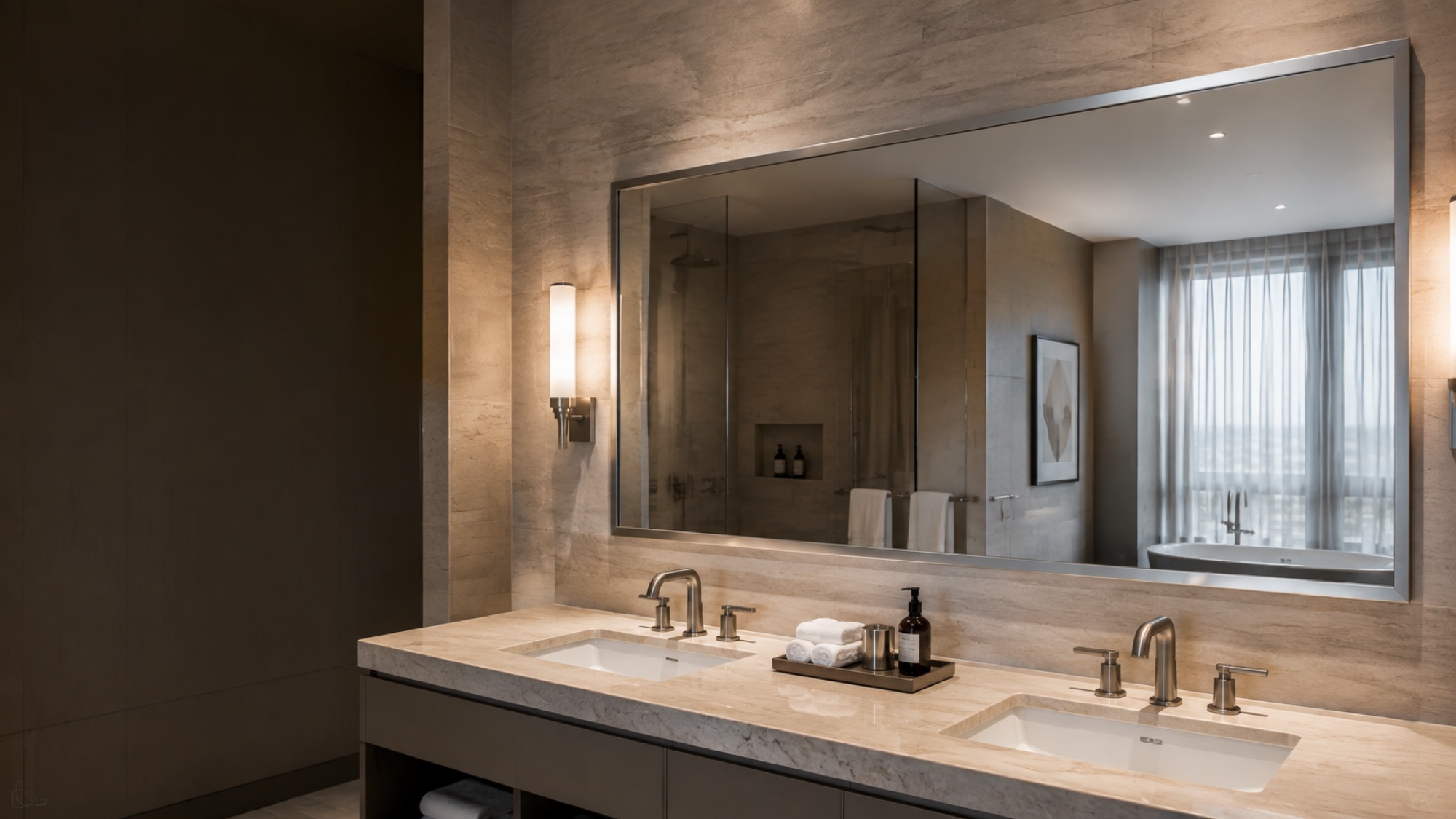 Concept image of a wide stainless steel framed mirror above a hotel bathroom double vanity