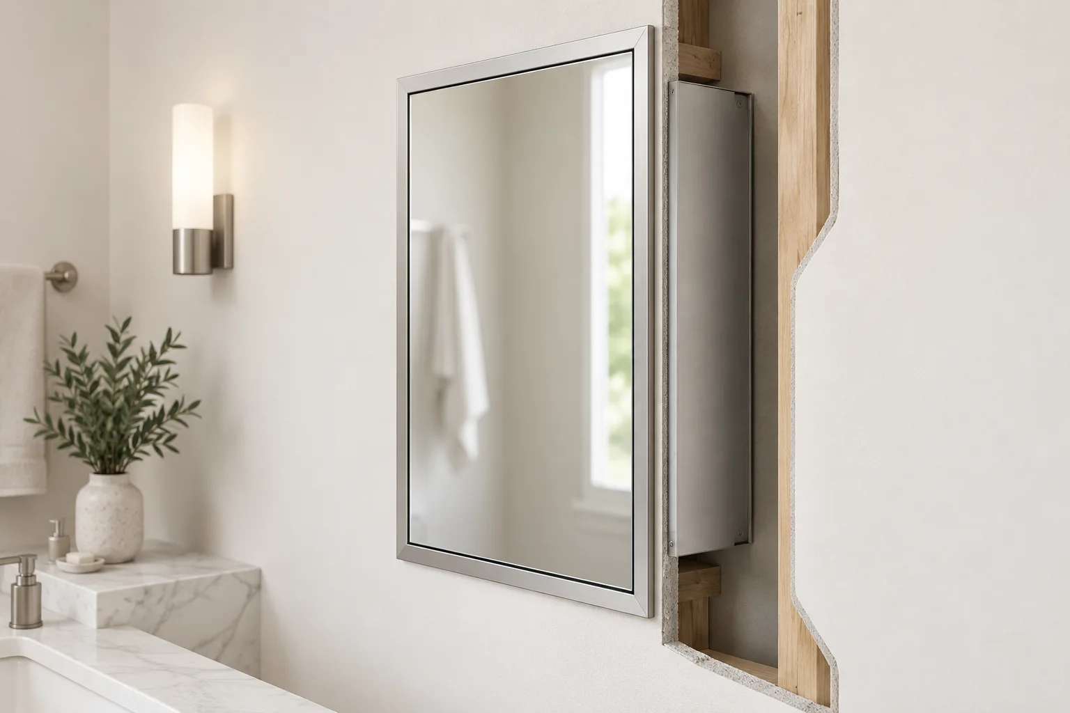 Concept cutaway view of a stainless steel mirrored medicine cabinet recessed into a bathroom wall cavity