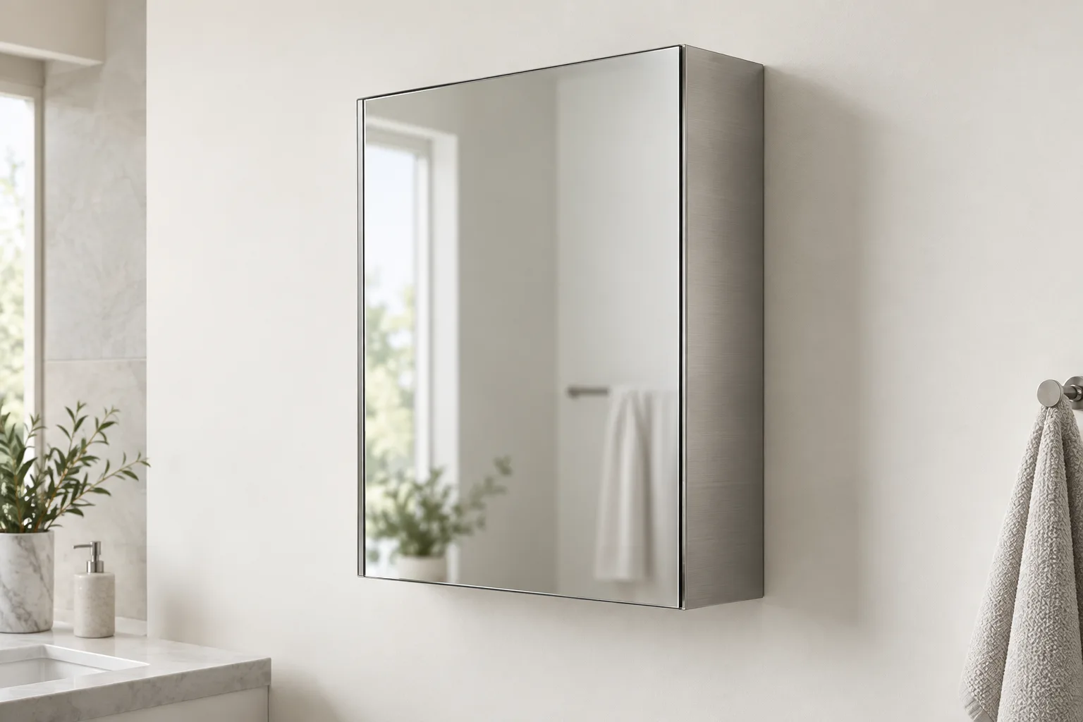 Concept three-quarter view of a stainless steel mirrored medicine cabinet mounted on the face of a finished bathroom wall