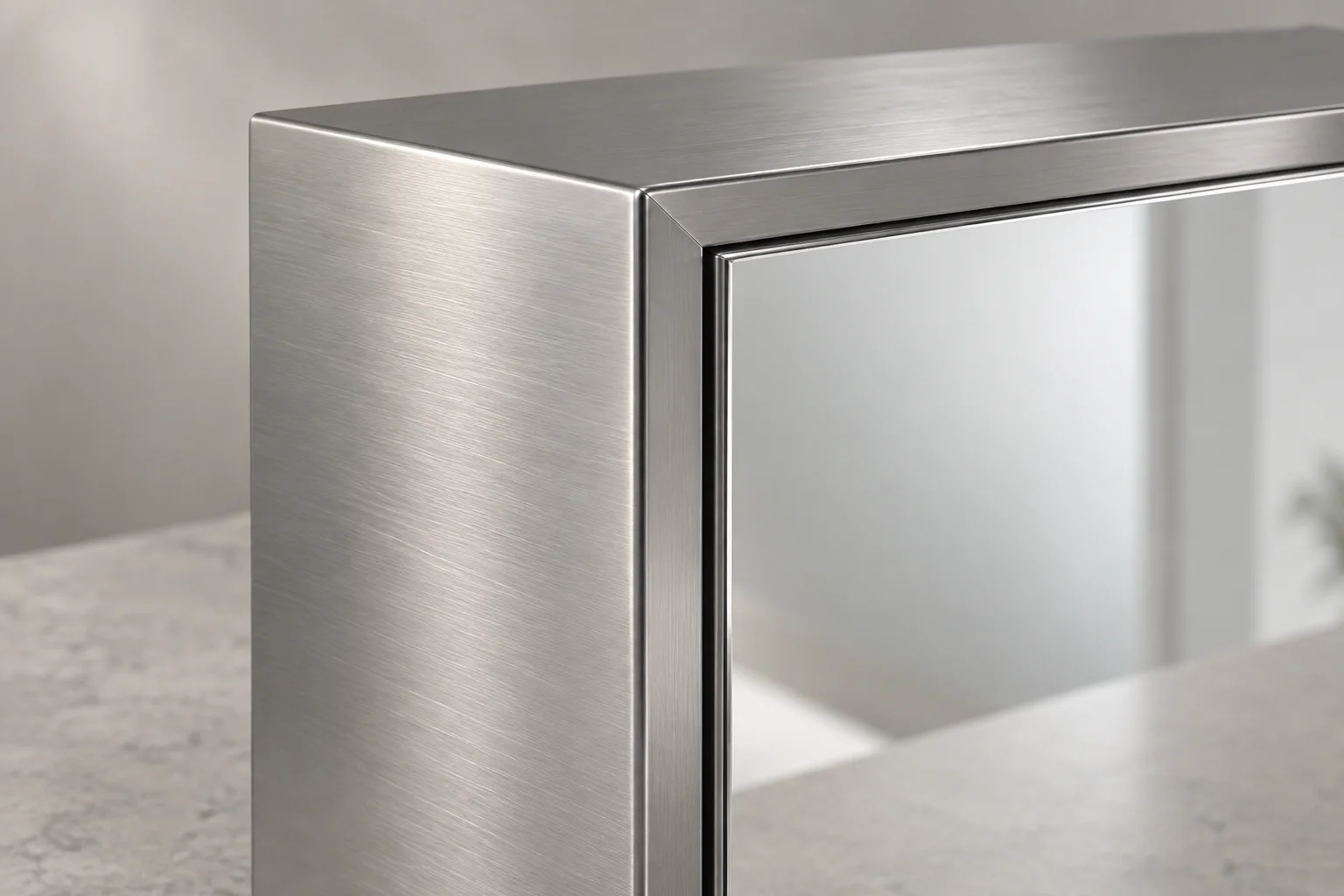 Concept close-up of a brushed stainless steel medicine cabinet corner, folded edge and mirror-door frame