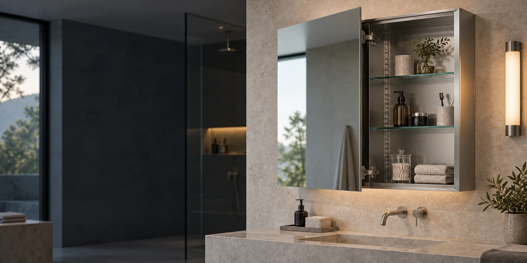 Open stainless steel mirrored medicine cabinet in a hospitality bathroom
