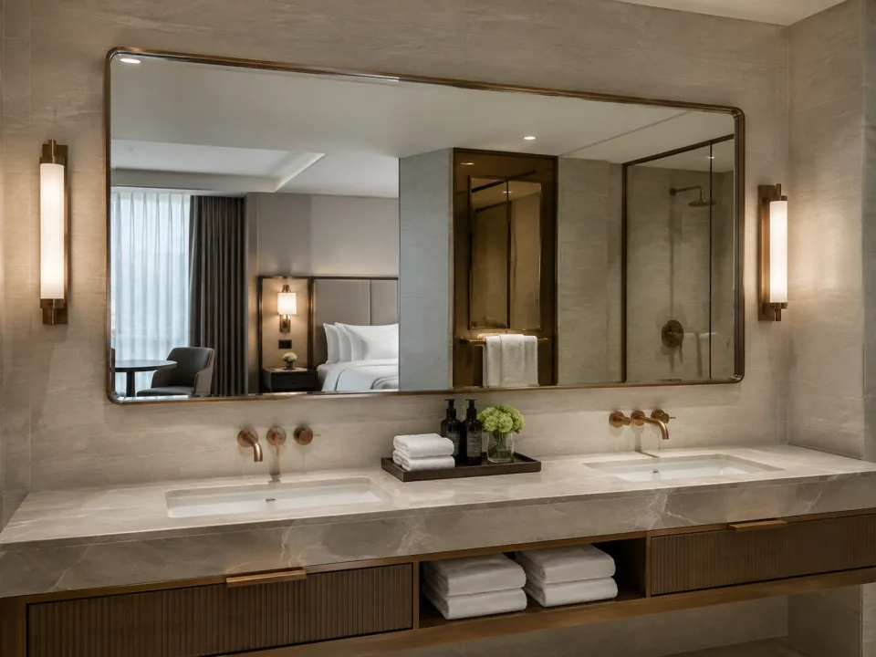 Custom black steel framed mirror in an upscale interior