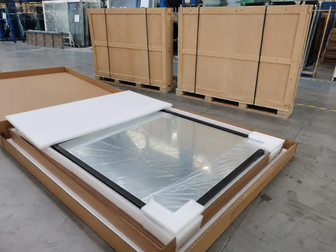 Steel framed mirror protected with film, foam, corner guards, carton and plywood export crates