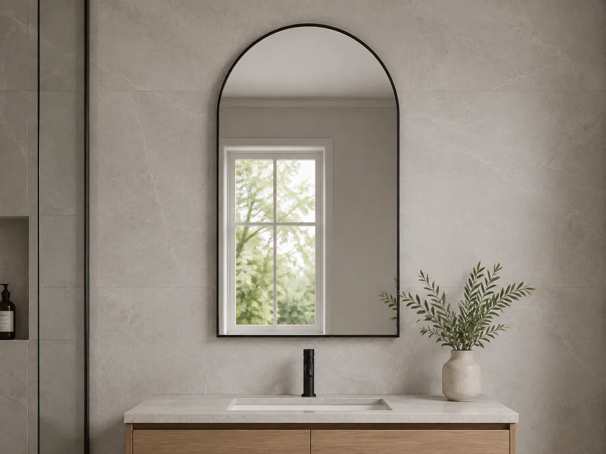 Portrait arched black steel framed mirror with straight sides