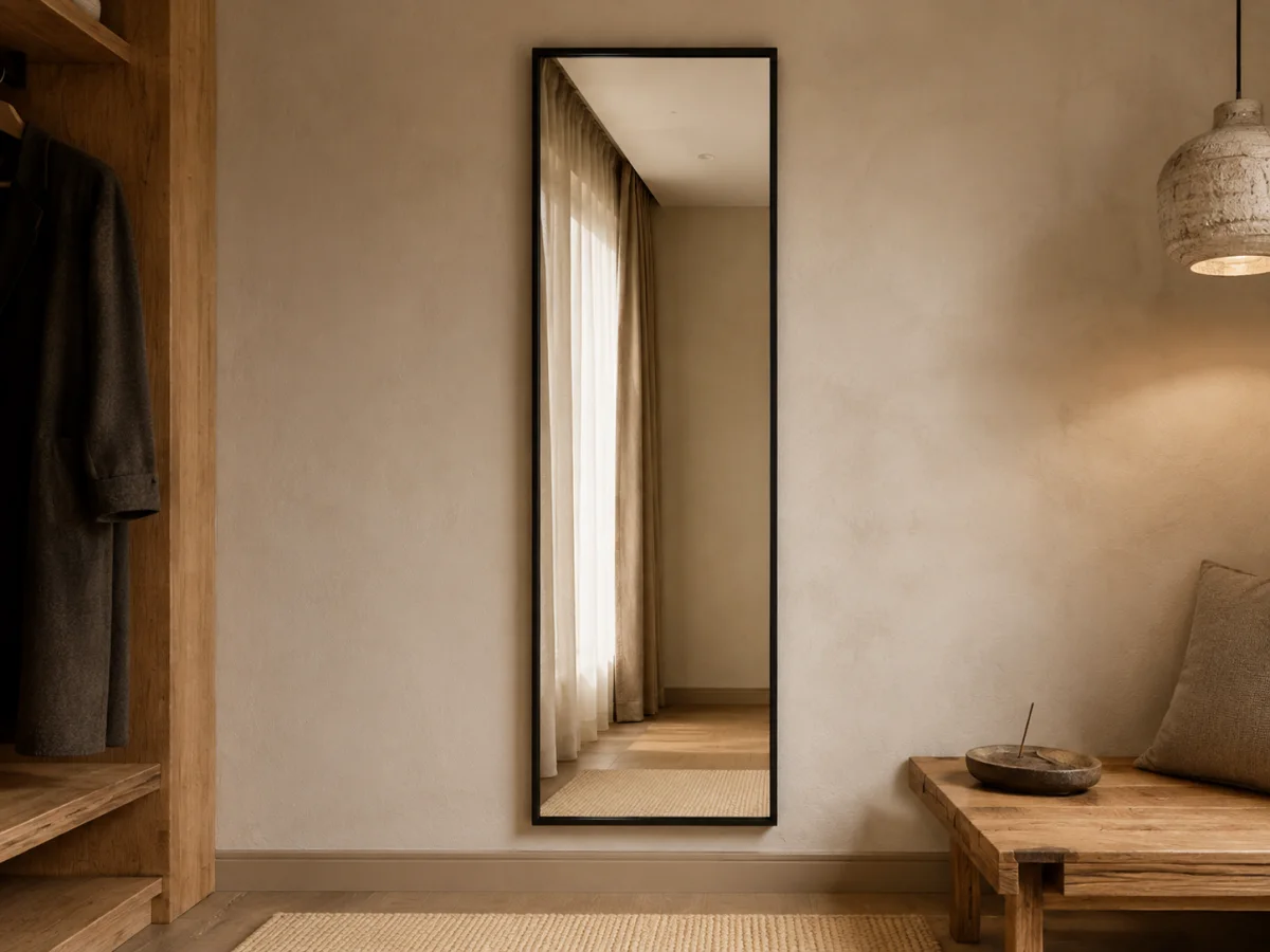 Complete tall black steel framed full-length mirror