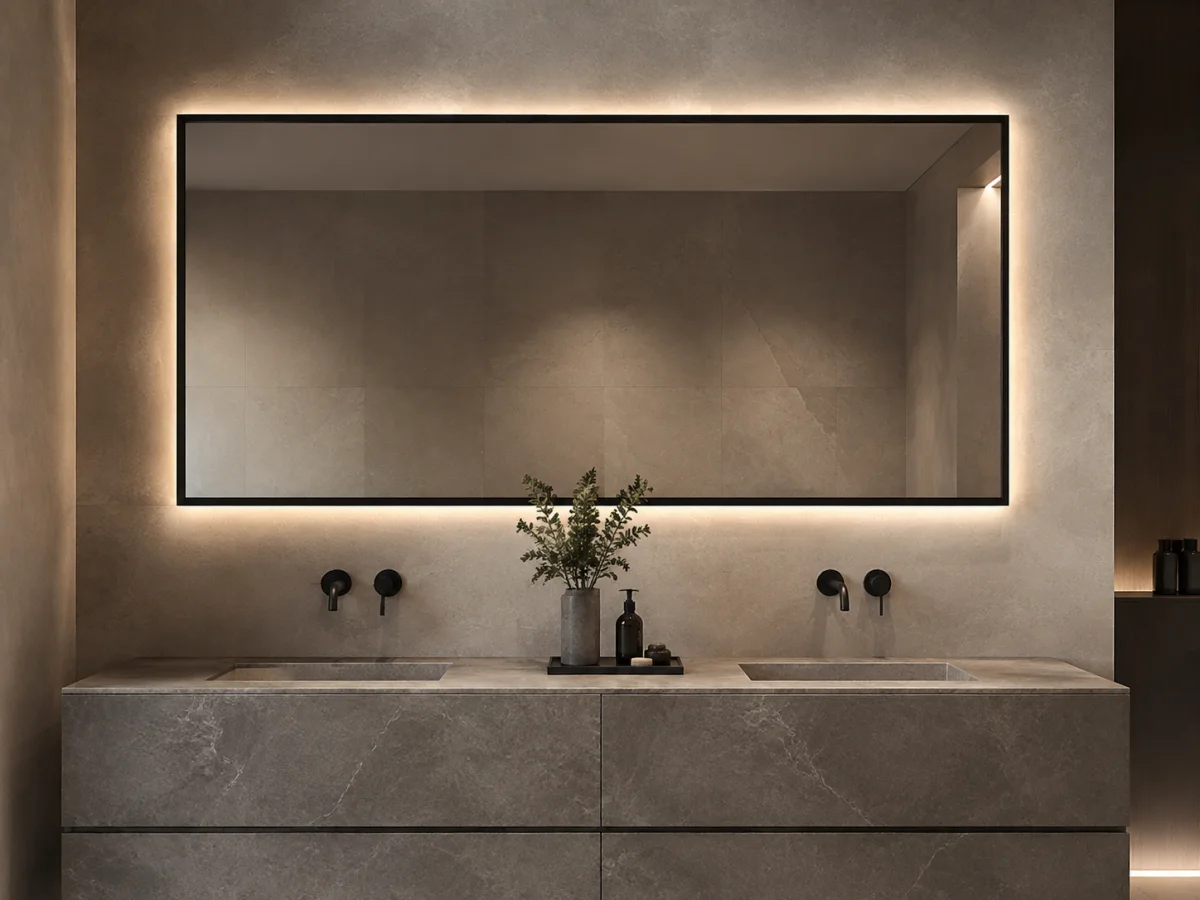 Rectangular black steel framed mirror with hidden backlighting