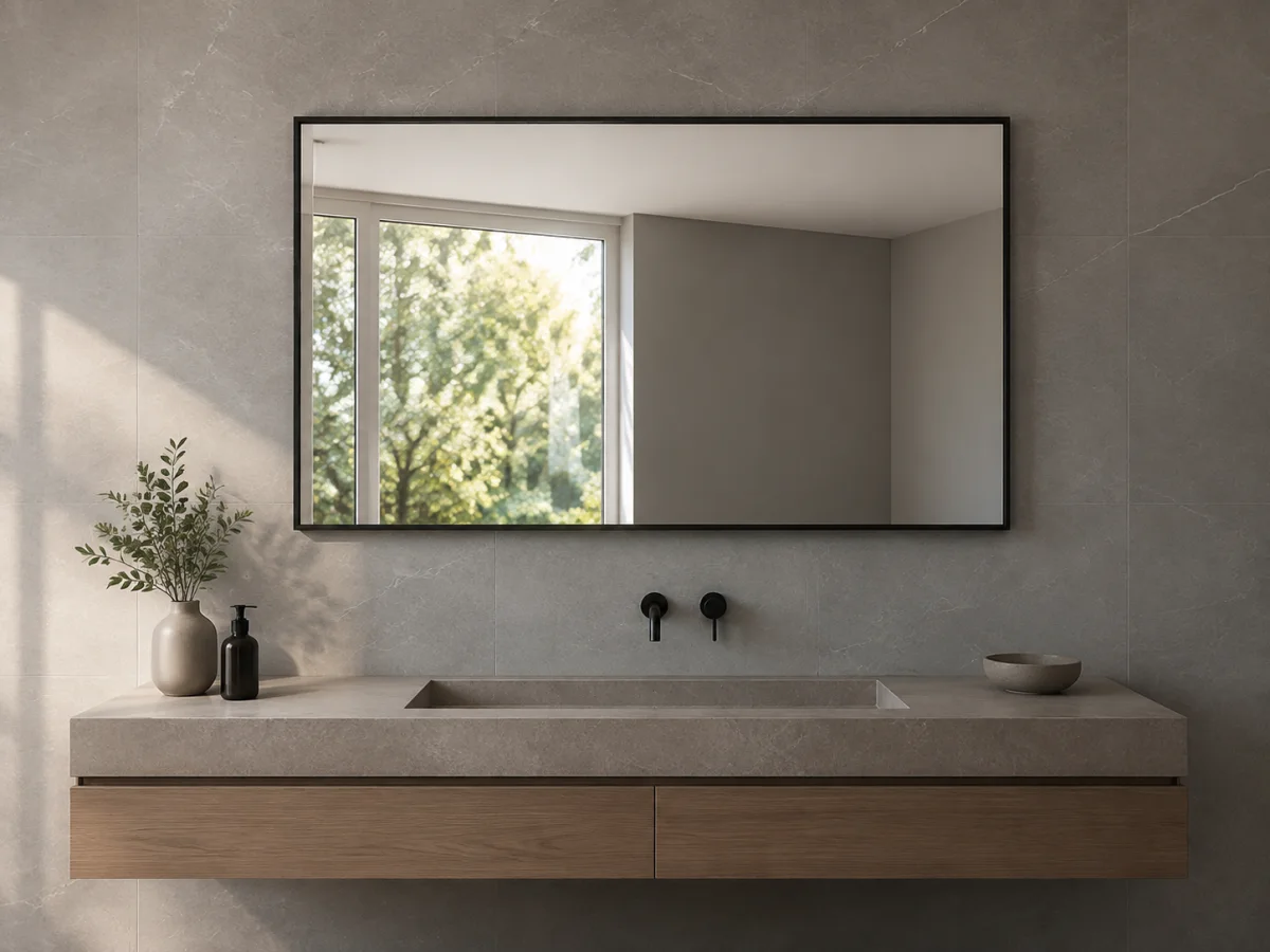 Horizontal rectangular black steel framed wall mirror