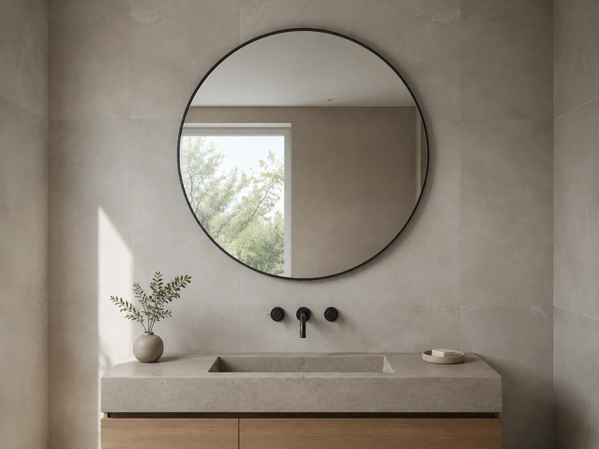 Perfectly round thin black steel framed mirror