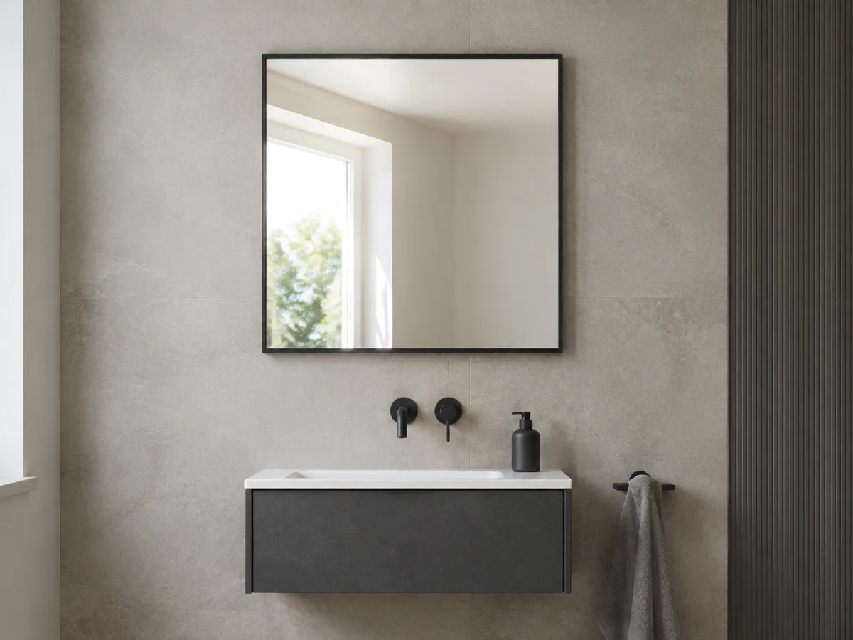 True square black steel framed bathroom mirror