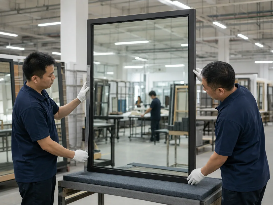 Two technicians checking the dimensions, finish and assembly of a non-lighted steel framed mirror