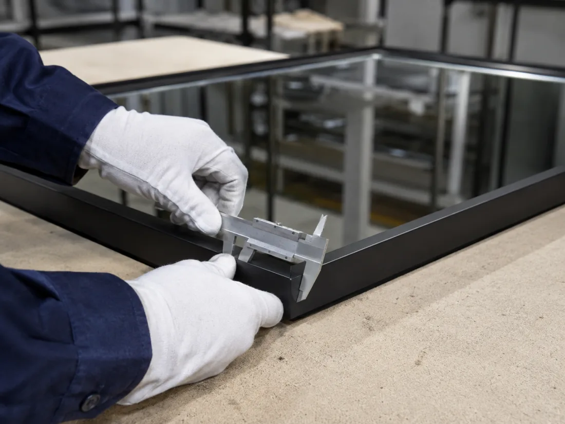 White-gloved technician using a caliper to inspect a matte black steel mirror frame corner