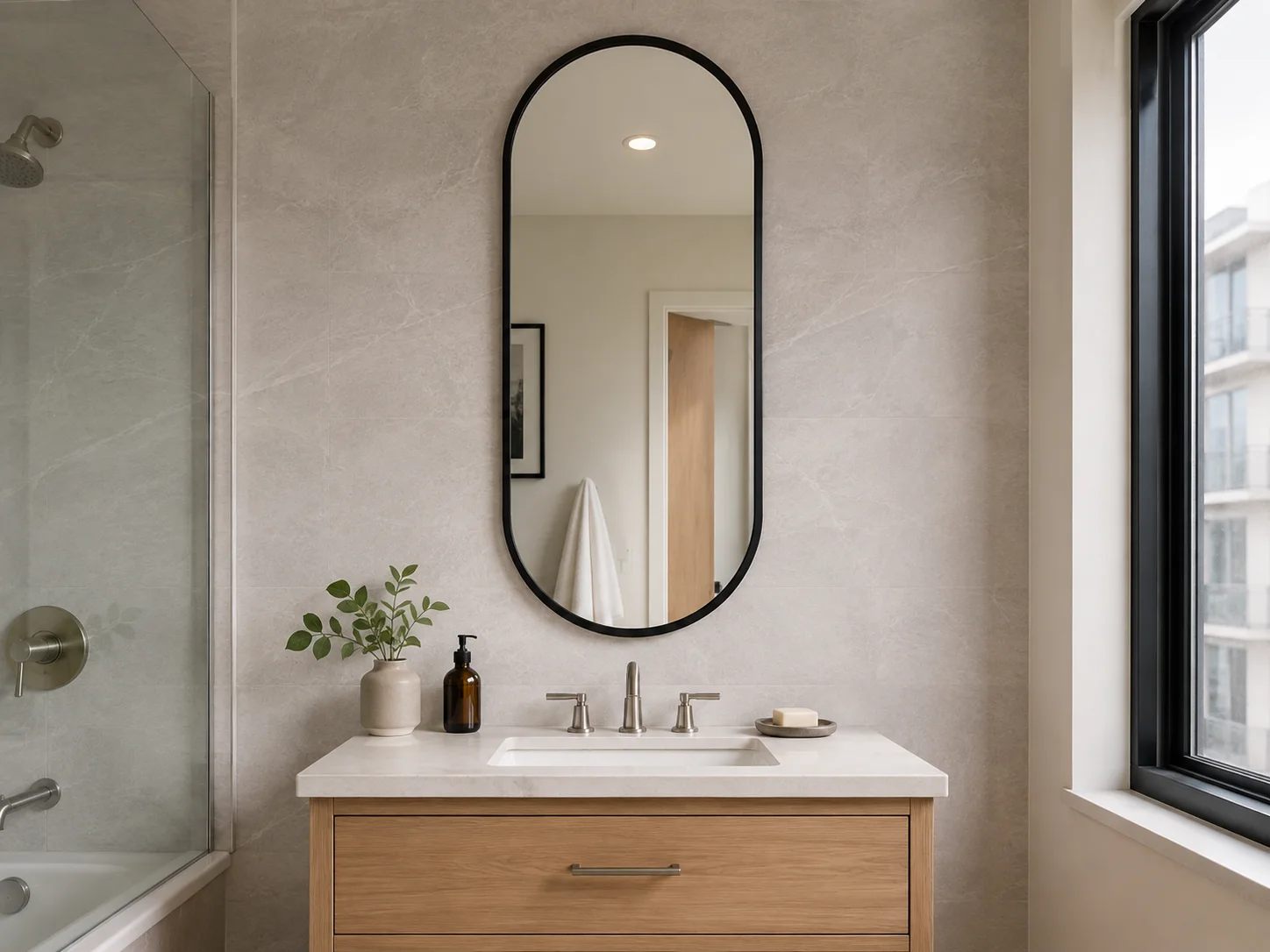 Tall pill-shaped dark framed mirror application reference in an apartment bathroom