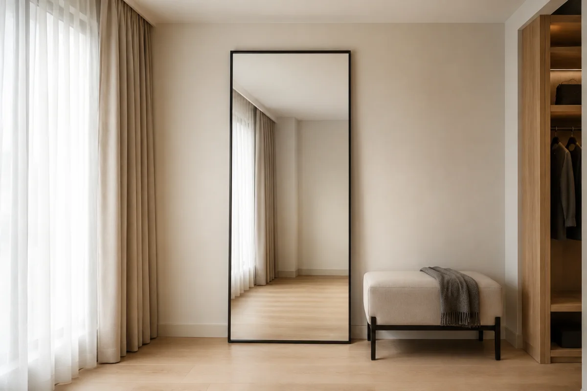Complete full-length black steel framed mirror in a hotel dressing area