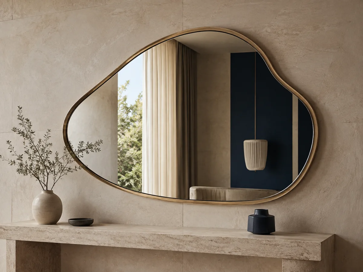 Organic warm-tone framed mirror design reference in a residential interior