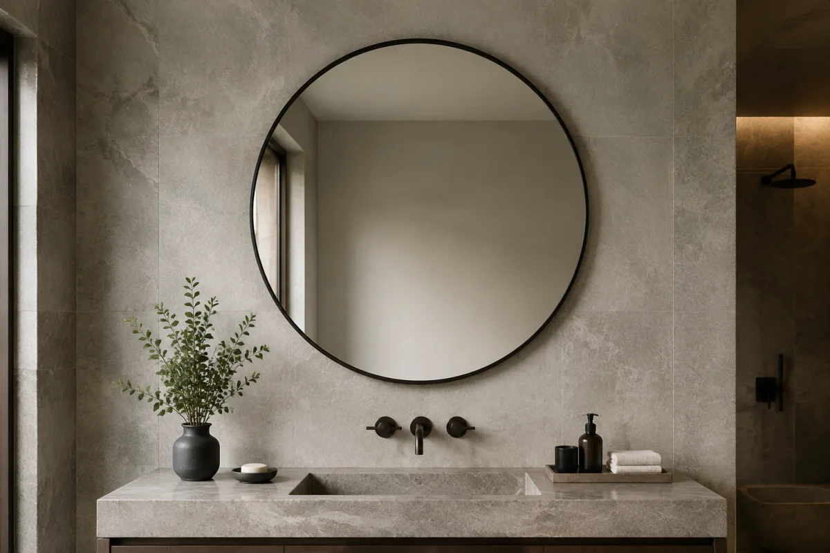 Large perfectly round black steel framed bathroom mirror in a coherent interior
