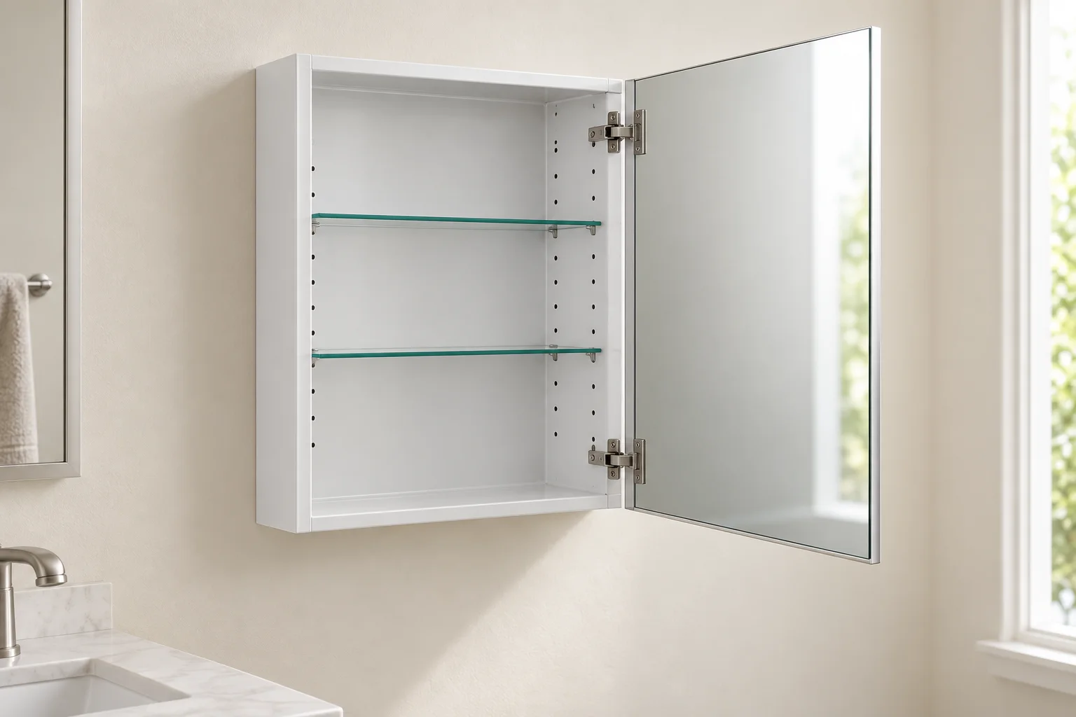 Complete white powder-coated steel bathroom medicine cabinet with open mirrored door, folded cabinet edges, concealed hinges and adjustable glass shelves