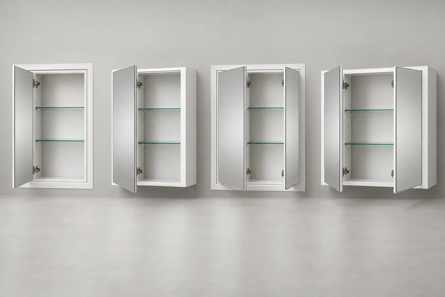 Four complete white powder-coated steel medicine cabinet configuration visualizations with single-door and double-door layouts