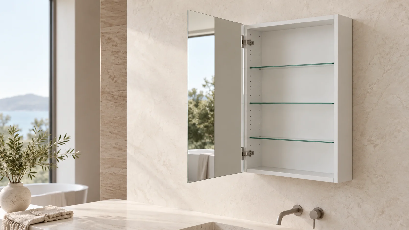 Open white powder-coated steel bathroom medicine cabinet with mirrored door and adjustable glass shelves