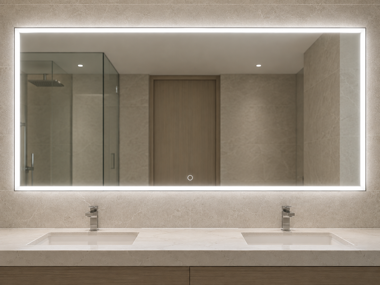 Wide LED mirror for a hospitality bathroom