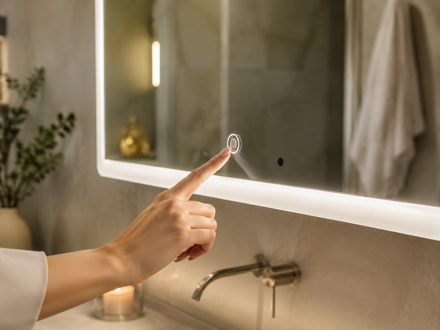 Hand operating an optional touch-control accessory on an LED bathroom mirror