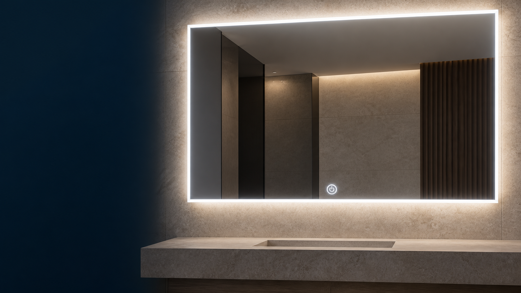 Rectangular LED bathroom mirror with a bottom-center touch control