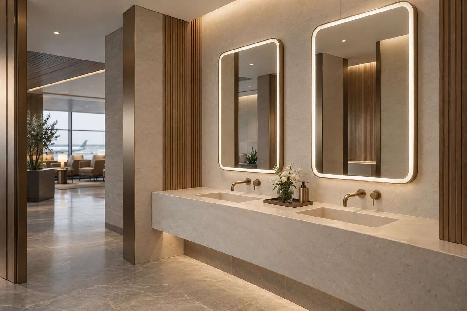 3D design visualization of softly illuminated vanity mirrors in a premium airport lounge restroom