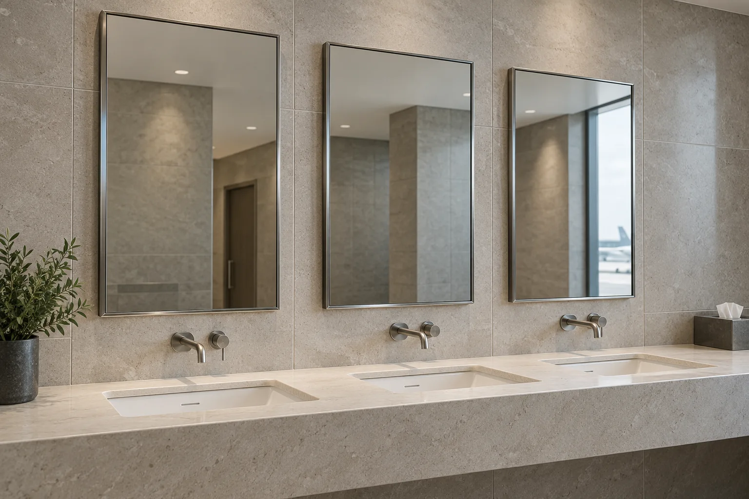 3D design example of three separate metal-framed mirrors aligned above three airport washroom basins