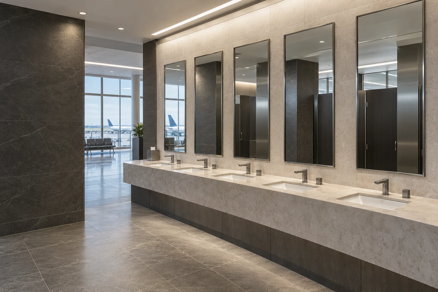 Design visualization of commercial framed mirrors in an airport terminal restroom