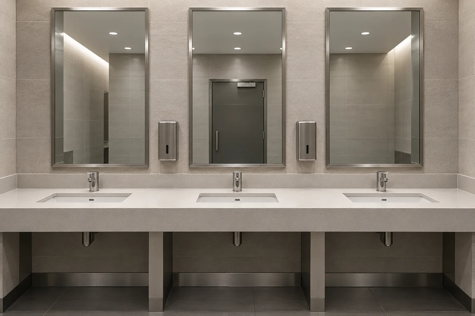 Design visualization of separate commercial vanity mirror modules aligned with three airport washbasins