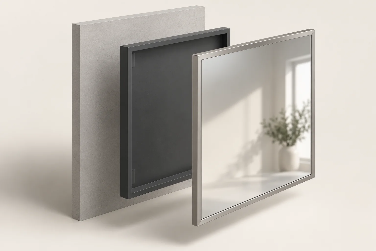 Exploded 3D coordination concept showing a wall, support frame and commercial mirror assembly