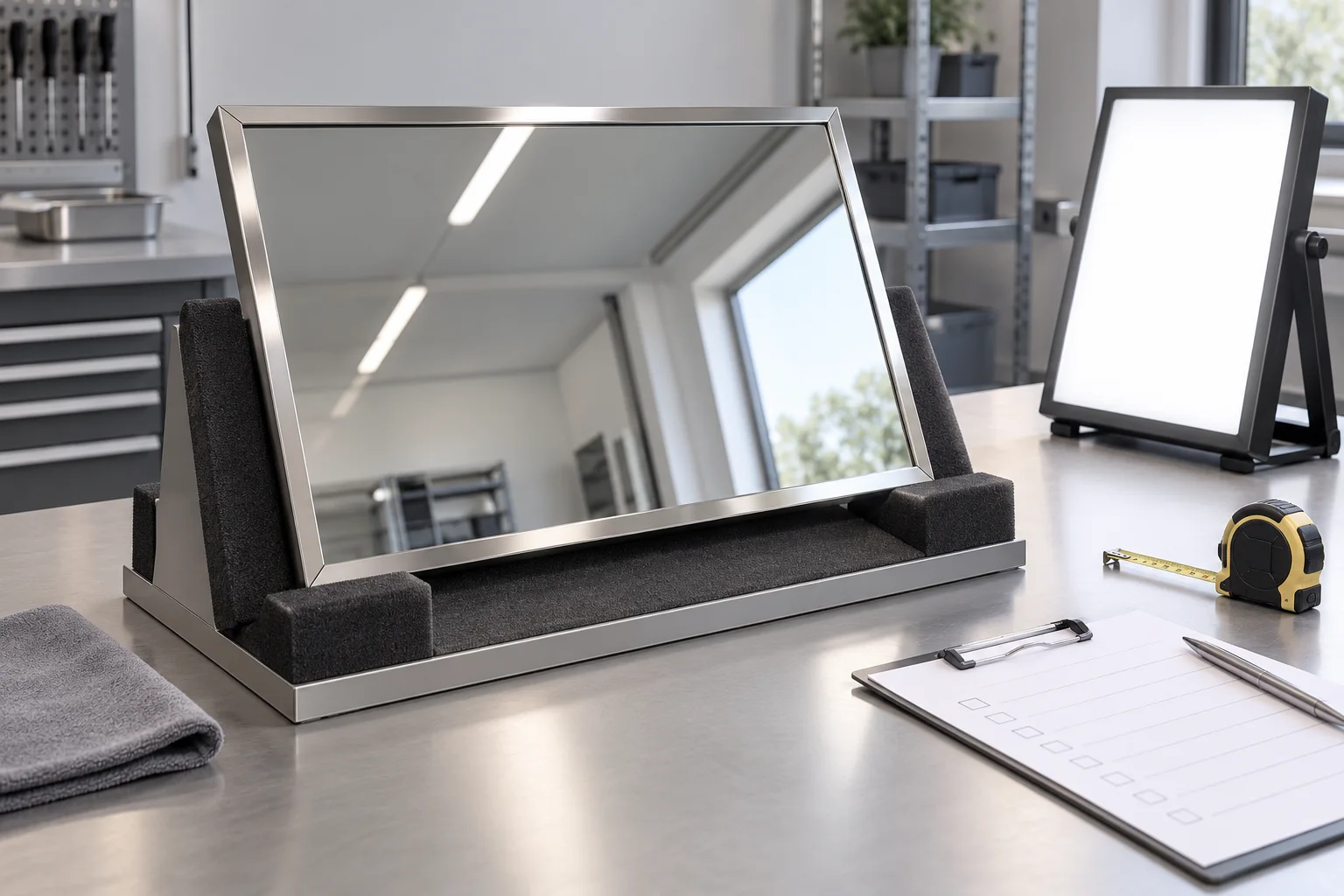 3D process illustration of a framed commercial mirror on a padded visual inspection bench
