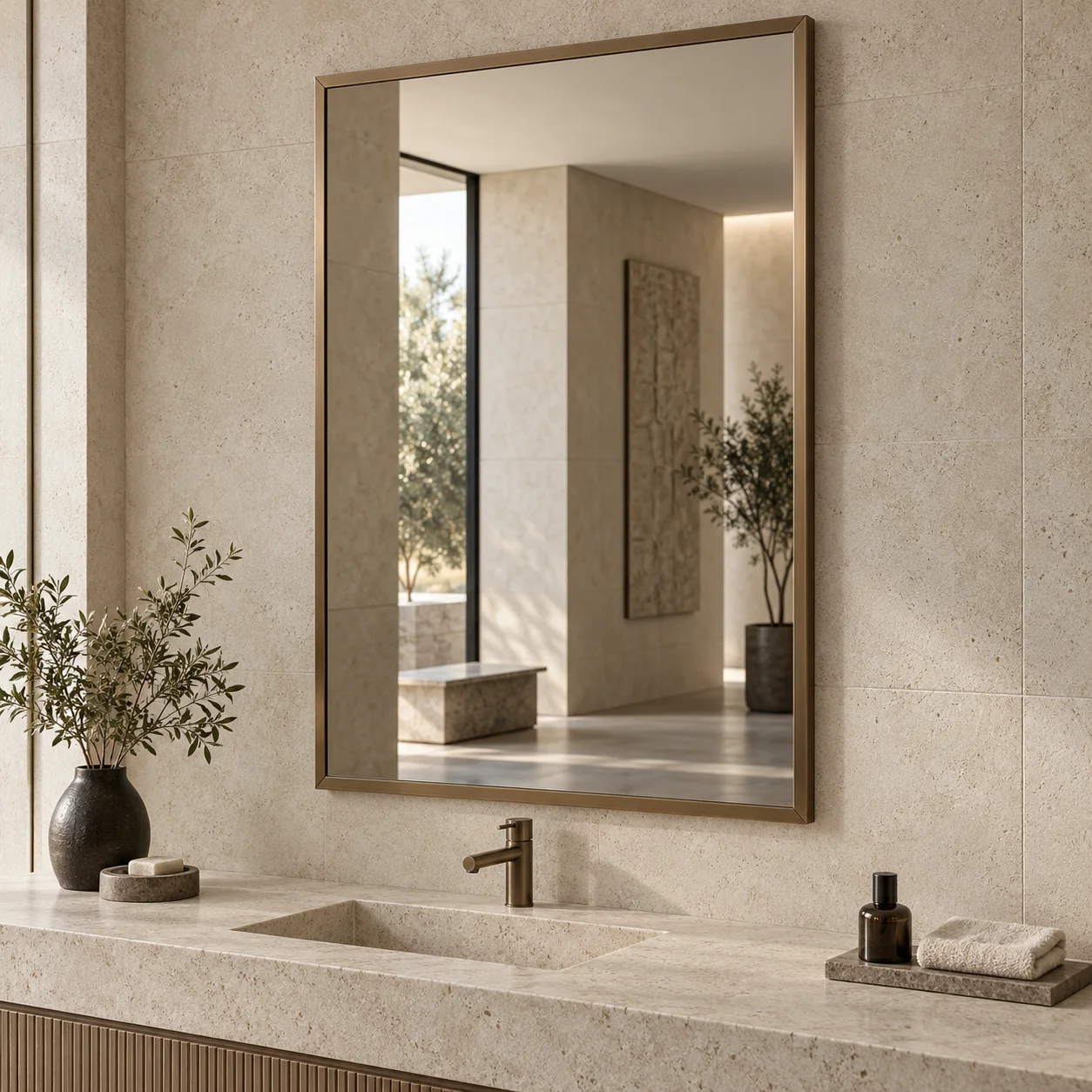 Brushed bronze framed wall mirror concept for a passenger lounge