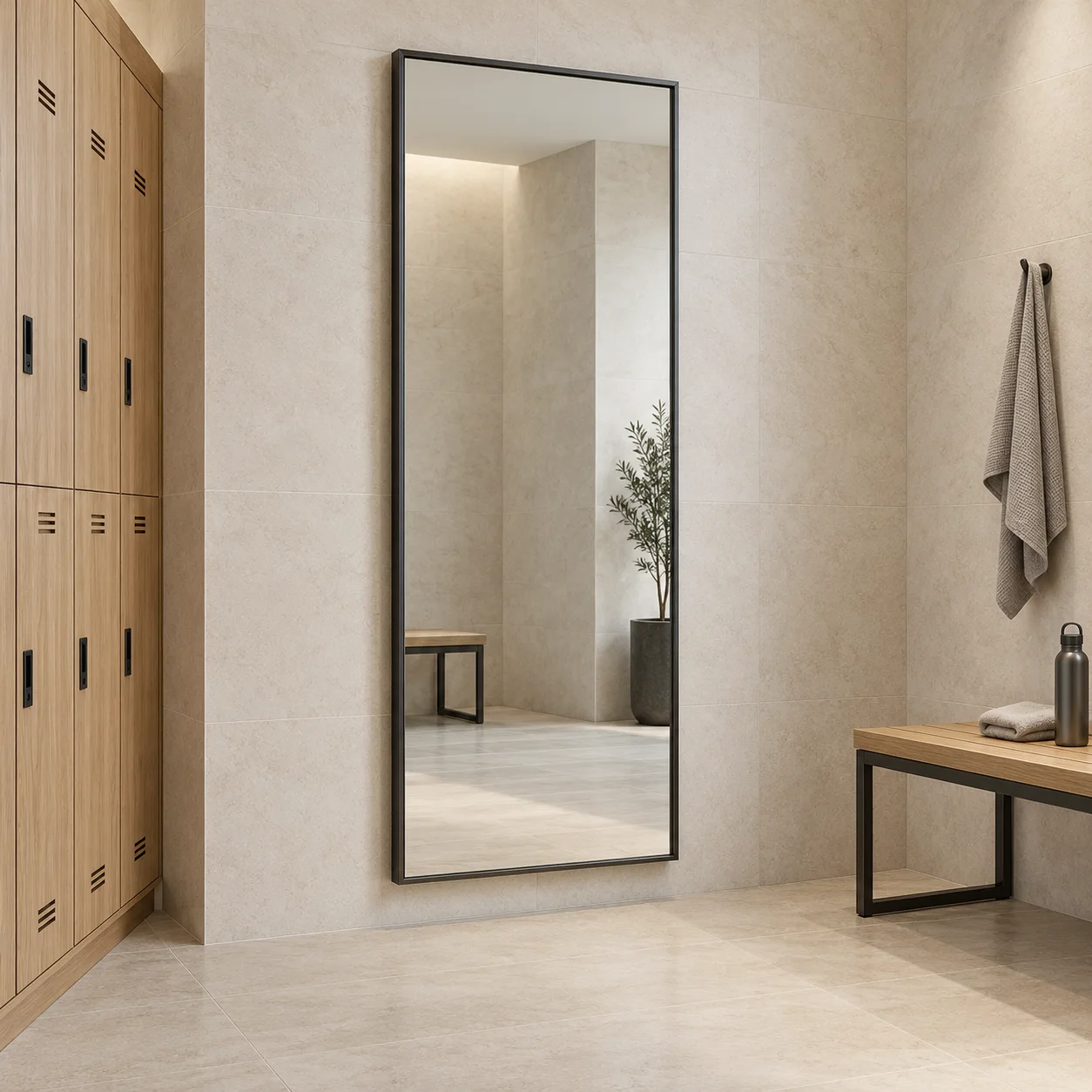 Full-length graphite framed mirror concept beside staff changing lockers