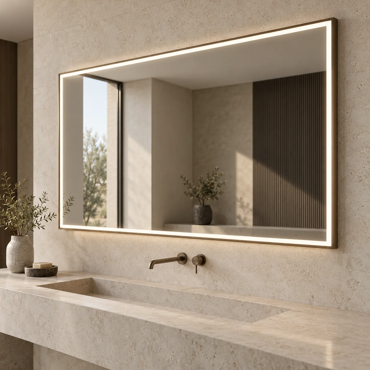 Illuminated rectangular mirror concept for an airport washroom