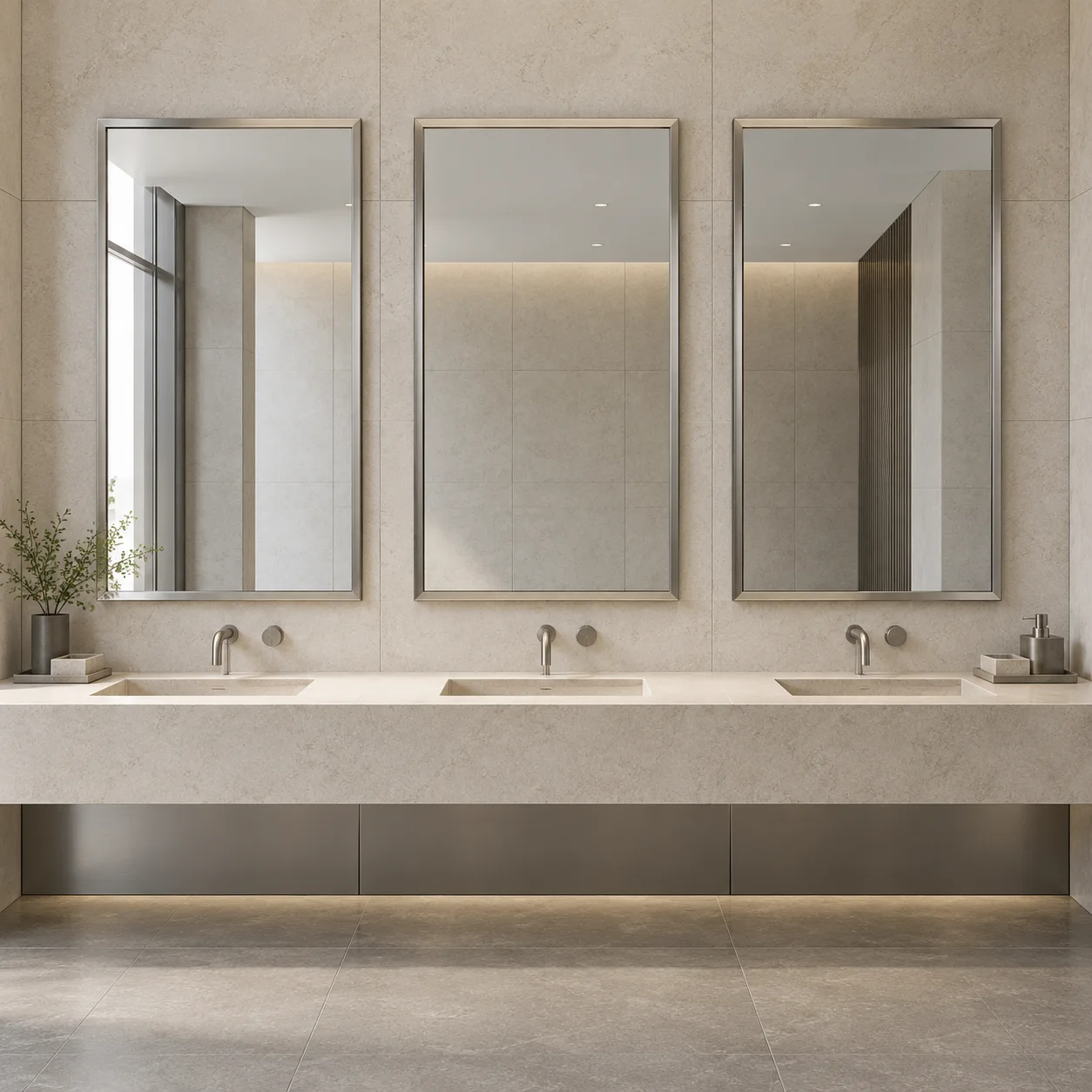 Three aligned mirror modules above a commercial multi-basin counter