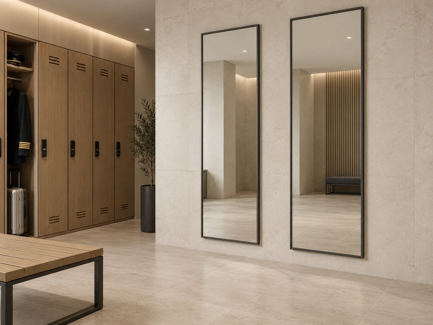 Staff changing-room design visualization with full-length mirrors, lockers, and clear standing space