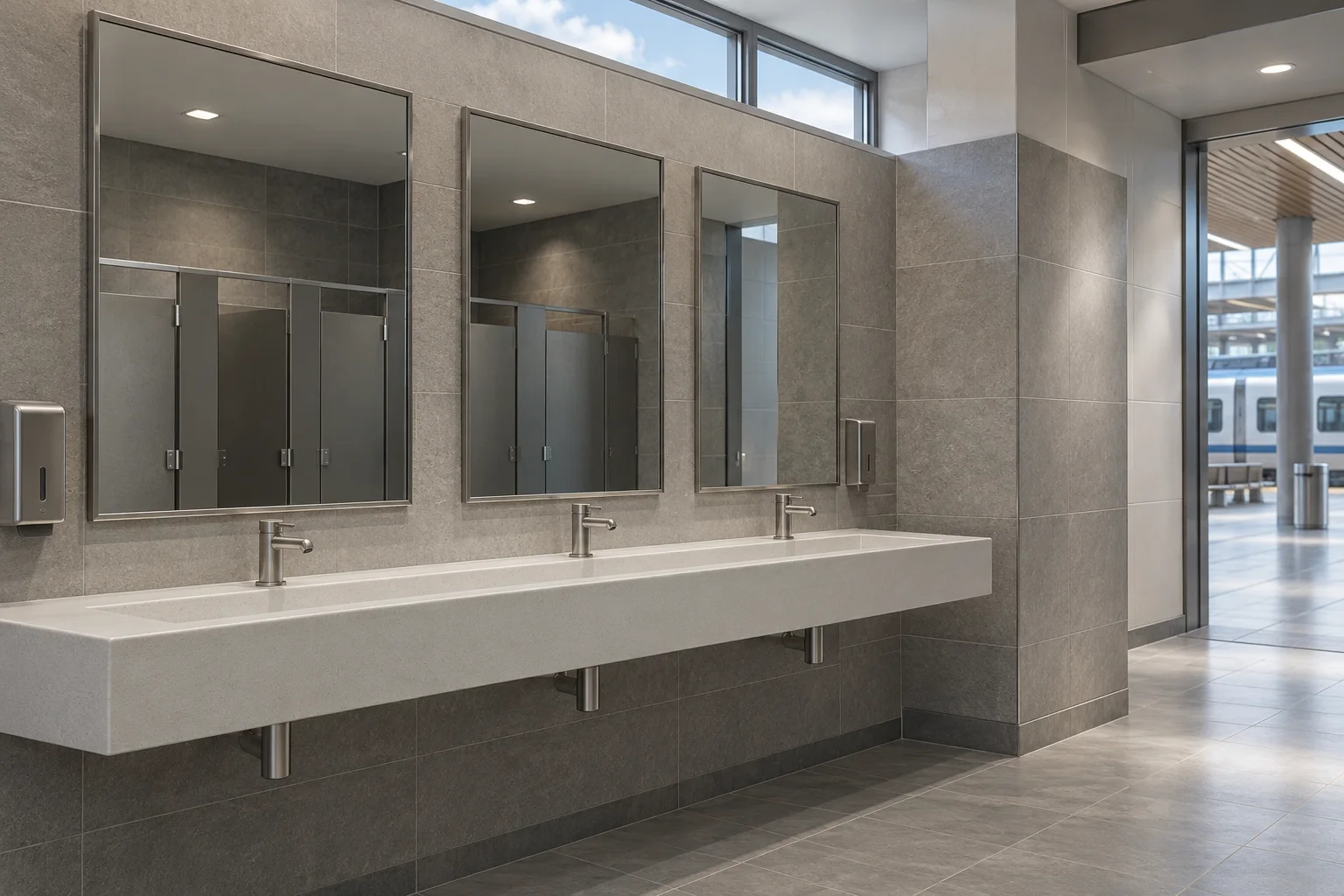 Design visualization of non-illuminated framed mirrors in a modern train station restroom