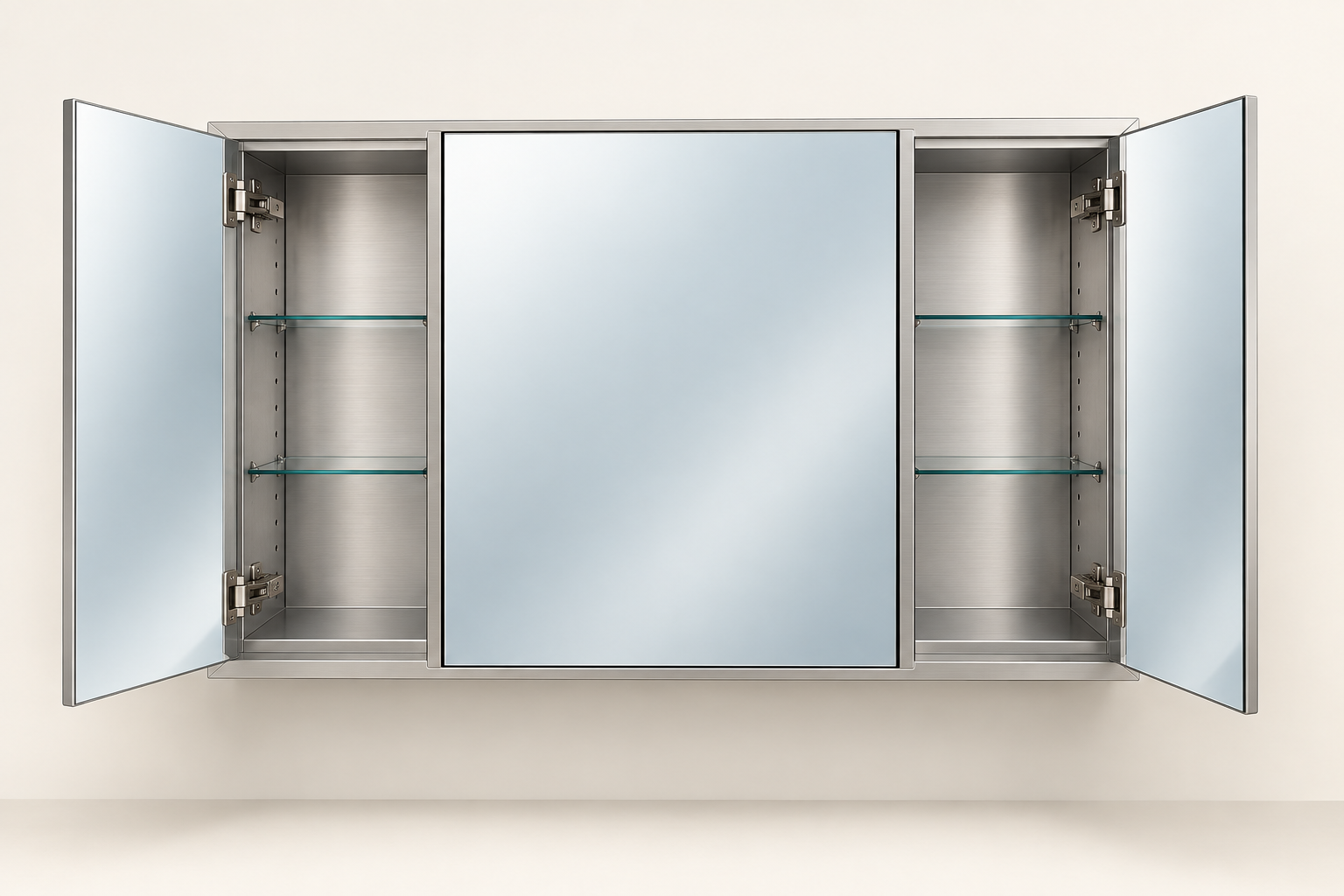 Three-door medicine cabinet showing two outer doors open, the wider center mirror closed, and internal shelves