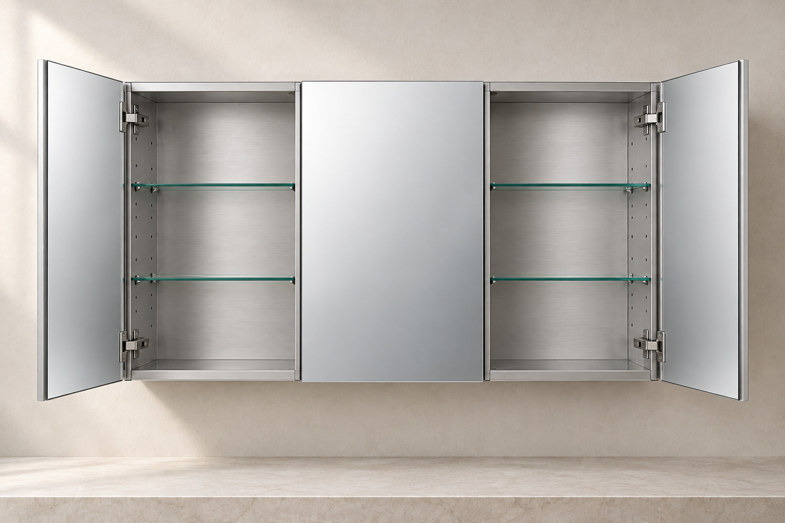 Three-door aluminum medicine cabinet with both outer doors open and center door closed