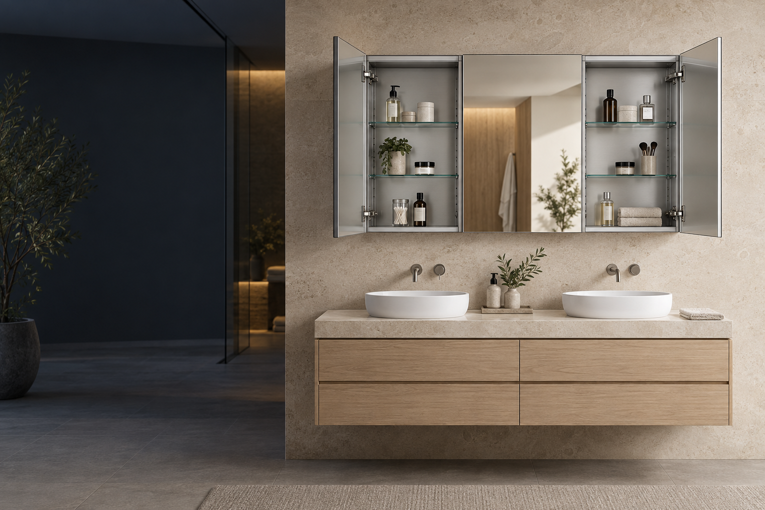 Wide three-door aluminum mirrored medicine cabinet with both outer doors open above a double vanity