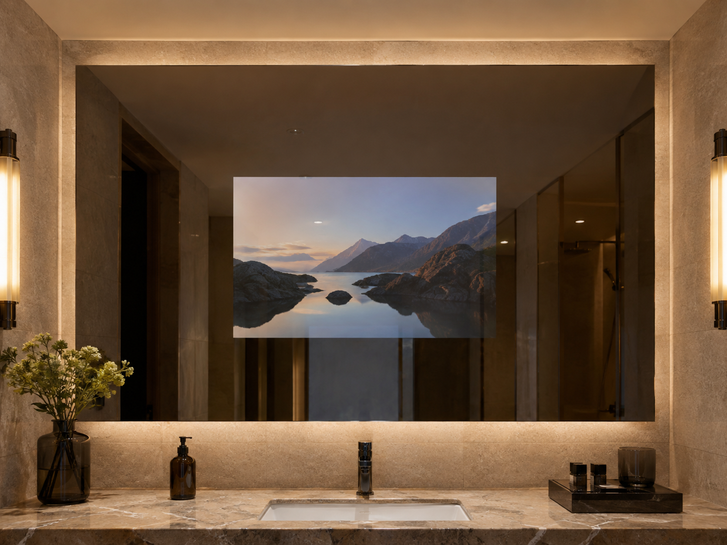 Bathroom Mirror TV with the display operating behind one continuous mirror surface