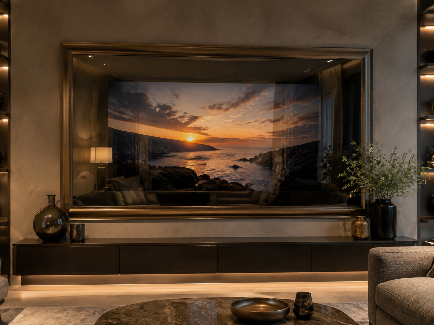 Large framed entertainment Mirror TV with the display concealed behind smoked mirror glass